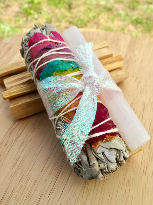 7 Chakras Rose & Sage + Selenite + Palo Santo Bundle