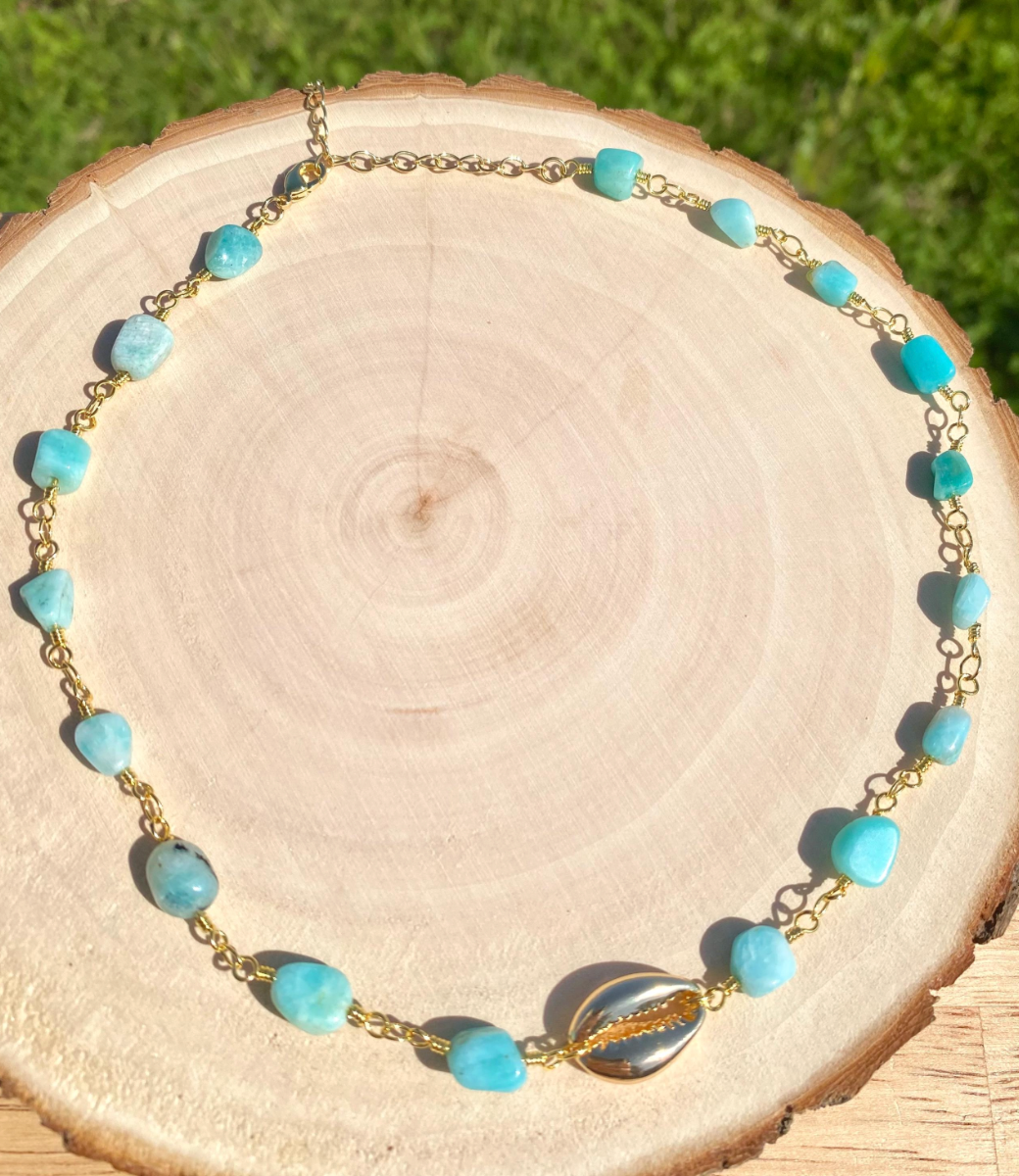 Amazonite Choker with Gold Cowrie