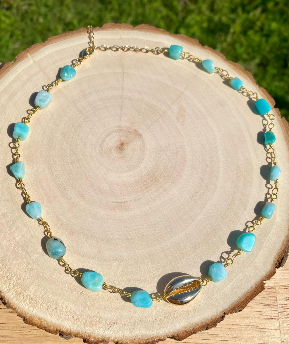 Amazonite Choker with Gold Cowrie