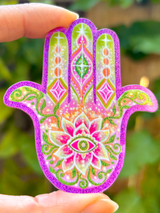 Pink & Green Glitter Hamsa Sticker